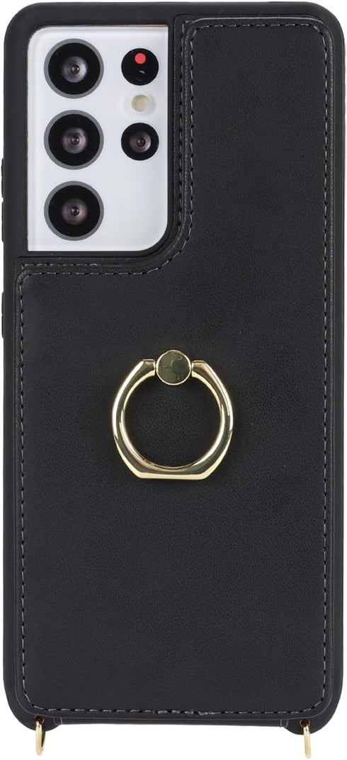 Samsung Galaxy S21 Ultra Case with Card Holder and Strap for Women, Crossbody Lanyard, Ring Stand, Snap Clasp, Phone