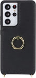 Samsung Galaxy S21 Ultra Case with Card Holder and Strap for Women, Crossbody Lanyard, Ring Stand, Snap Clasp, Phone