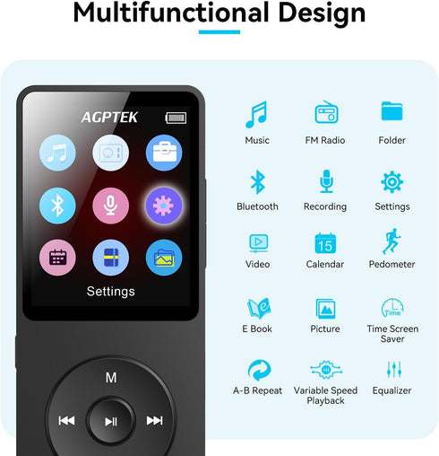 AGPTEK A02 MP3 5.3, 1.8 inch 128GB(Black, 64GB) Player with Bluetooth Screen Portable Music Player with Speaker, FM