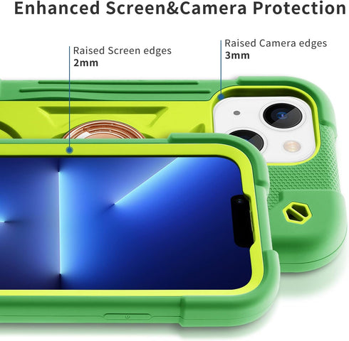 iPhone 14 & 13 Case, Avocado, Heavy-Duty Shockproof Military Grade Rugged Cover with Ring Stand and Screen Protectors