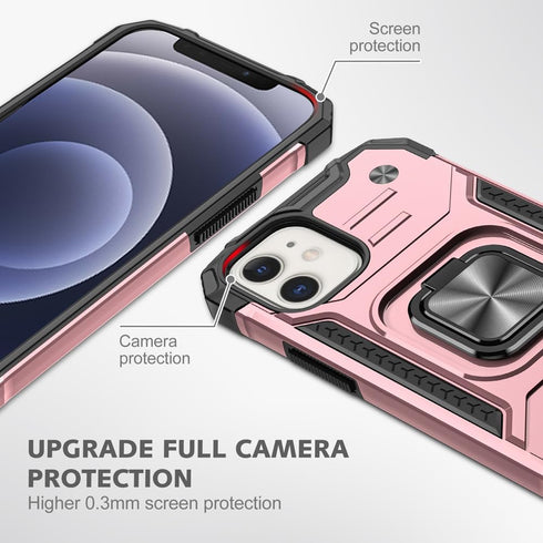 HNHYGETE iPhone 12/12 Pro Case with Screen Protector, Heavy Duty Military Grade 360° Rotatable Kickstand, Rose Gold