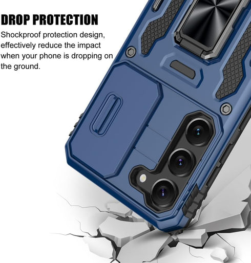 Samsung Galaxy S23 Case, Shockproof Phone Case with Sliding Camera Cover & Rotatable Ring Holder, 6.1", Dark Blue