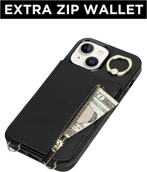 uCOLOR iPhone 13/14/15 Wallet Case for Women, Black Crossbody Zipper Leather Case with Card Holders and RFID Protection