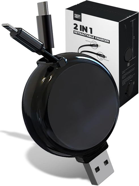 2-in-1 Retractable Car Charger for iPhone and Android, Modern Car Charger with Retractable Cord 15W Fast Charging
