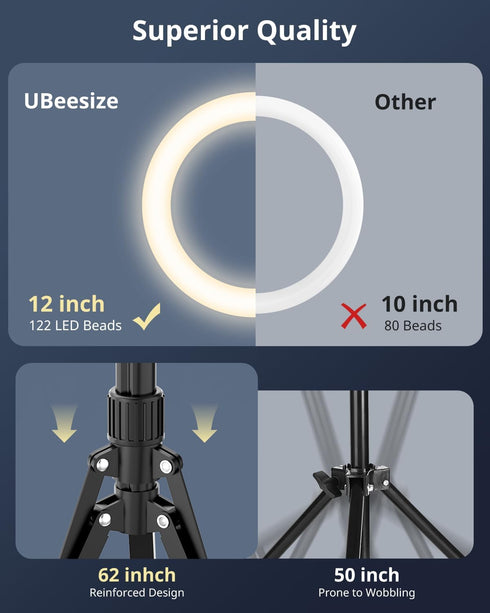 UBeesize 12" Selfie Ring Light with Stand and Overhead Phone Mount, 62" Tripod for Video Recording