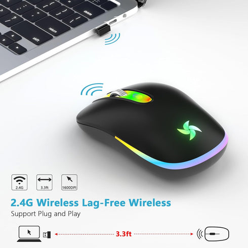 HZD LED Wireless Mouse, Slim Silent Rechargeable Optical Mouse with Type C Adapter, 3 Adjustable DPI Levels