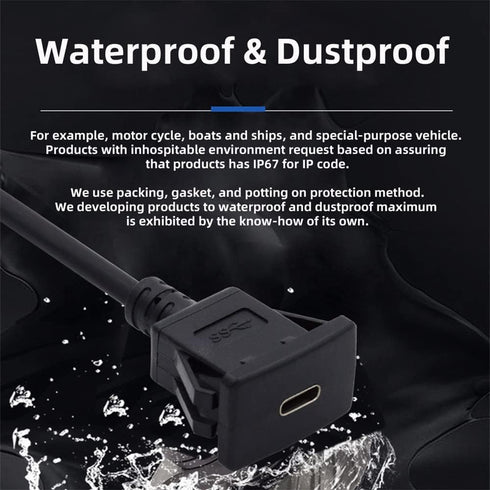 NFHK Waterproof Dustproof USB-C Type-C 10Gbps Extension Cable for Dashboard Panel, Flush Car Latch Mount