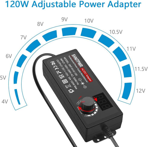 SHNITPWR 4V - 12V Power Supply, 10A 120W AC to DC Adapter, Voltage Adjustable Universal Converter with 14 Tips