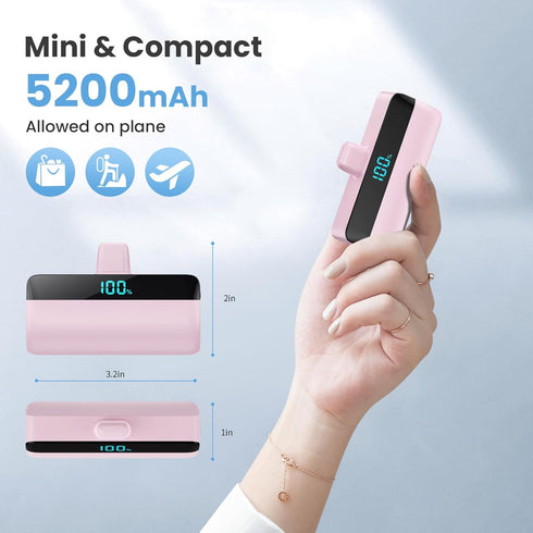 Mini Portable Charger with USB-C Connector, 5200mAh, Compact LCD Display Power Bank for iPhone 15/14/13/12