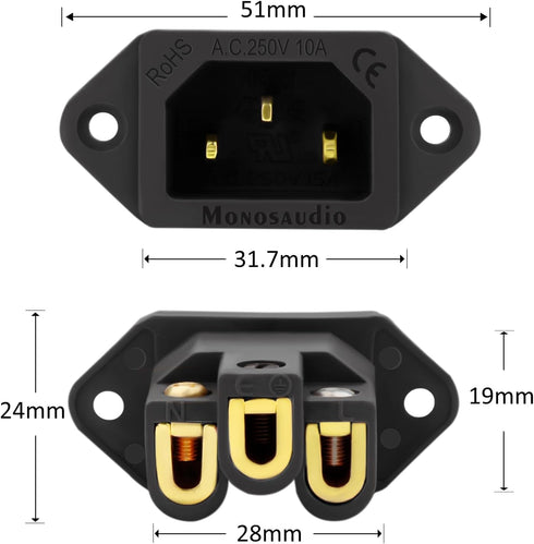 Monosaudio Gold Plated AC Power Socket, 250V 10A IEC 320 C14 Panel Mount Plug Adapter, Black