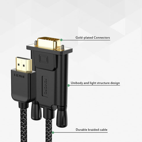 FEMORO 6 Feet HDMI to VGA Cable, Male to Male Braided Cord, 1080P@60Hz for Monitor, Computer, Laptop, Projector, HDTV