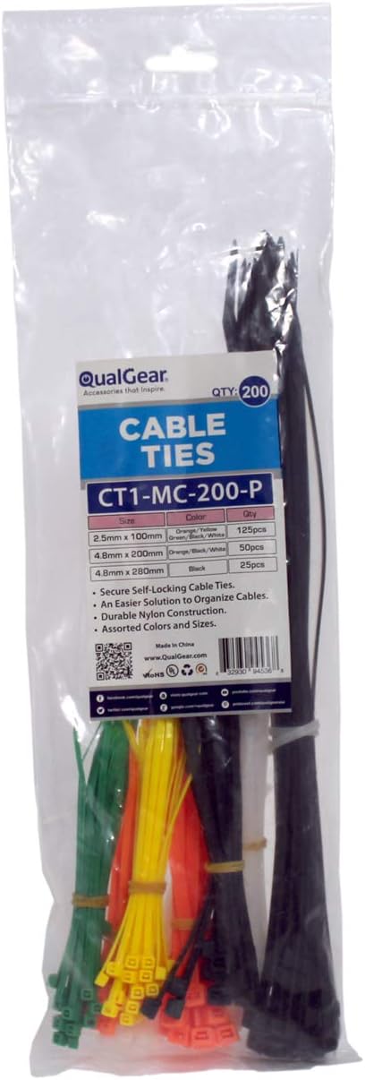 QualGear CT1-MC-200-P Self-Locking Cable Ties, Assorted, 200/Poly Bag, Green, Black, Yellow, Orange