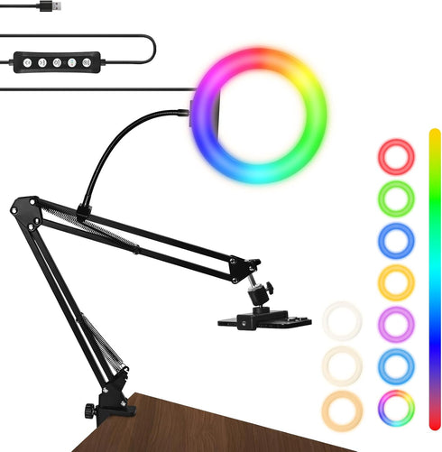 Overhead Camera Mount with 8" RGB Ring Light, Articulating Arm Phone Mount for YouTube Live Stream and Video Recording