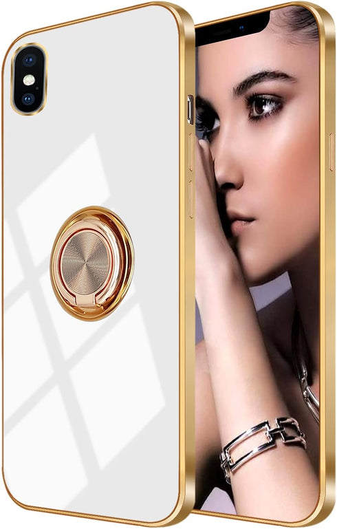 Omorro iPhone Xs Max Case for Women - Ring Holder, 360 TPU Rotation Kickstand, Glitter Plating Rose Gold Edge