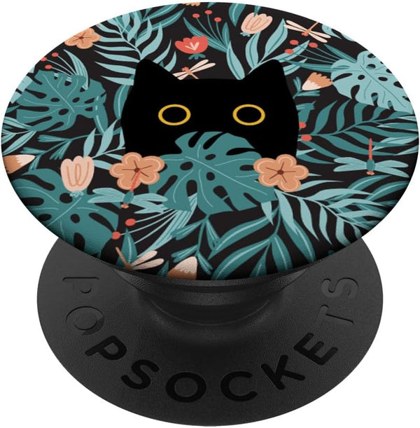 Black Cat in Botanical Flowers, Green Floral Pattern Cute Cat PopSockets Standard PopGrip