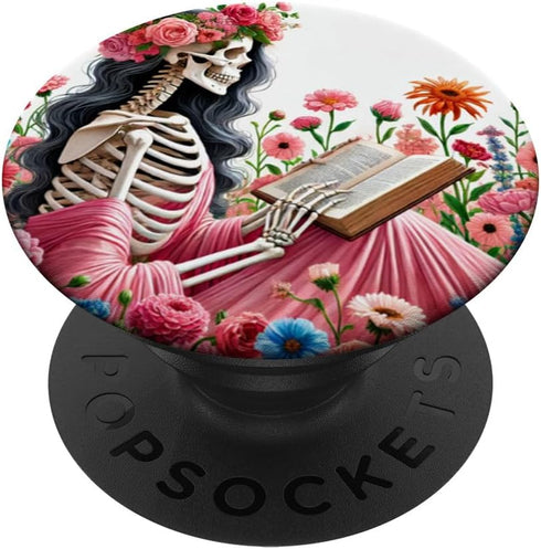 PopSockets Standard PopGrip - Skeleton Reading Book, Skull Reader Girl, Skeletal Librarian