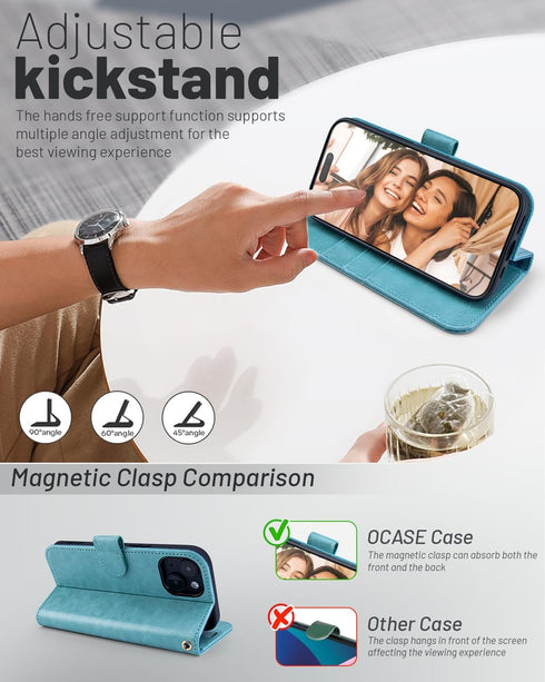 OCASE iPhone 15 Wallet Case, Mint Green PU Leather Folio, RFID Blocking, Card Holders, Shockproof TPU, 6.1" 2023.