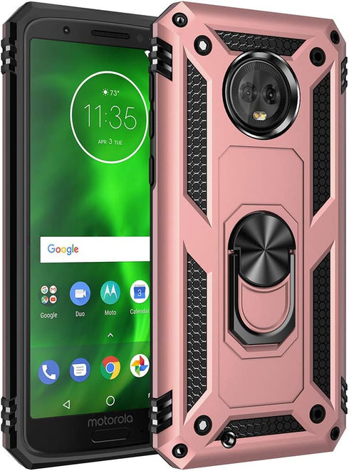 Military Grade Drop Impact Case for Motorola Moto G6, 360 Metal Rotating Ring Kickstand Holder - Rose Gold