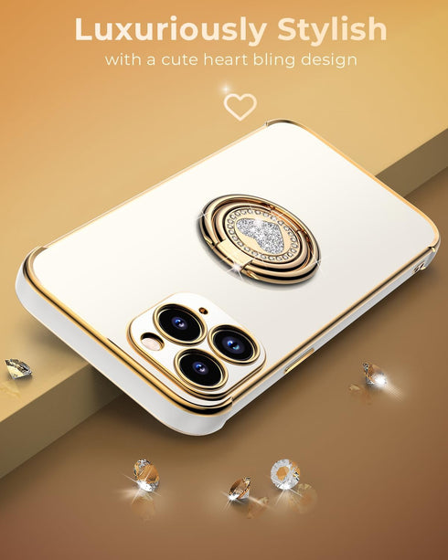 XYZ iPhone 11 Pro Max Case, White, with Stand, Double Ring Kickstand, Women Girl Cute Love-Heart Luxury Bling