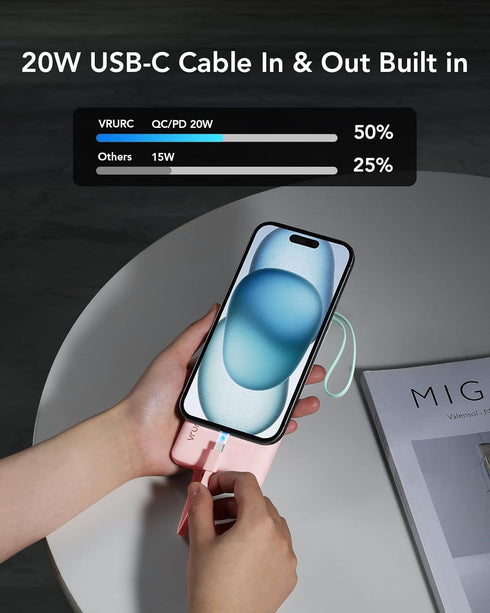 VRURC Portable Charger Power Bank, 10000mAh, 22.5W Fast Charging, Built-in USB-C Cable, Compatible with iPhone 15, Pink