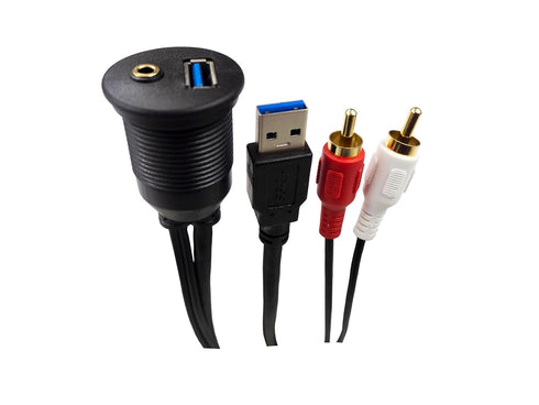 Flush Mount Cable Kit, 3 ft USB 3.0 Male to Female and 2 RCA Male to 3.5mm Female AUX Extension Cable, Dashboard Panel