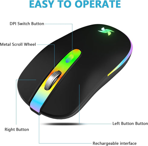 HZD LED Wireless Mouse, Slim Silent Rechargeable Optical Mouse with Type C Adapter, 3 Adjustable DPI Levels