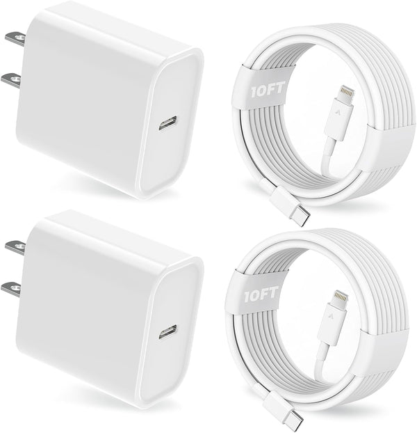 iPhone Charger, 20W PD USB C Wall Fast Charger Adapter with 10FT Type C to Lightning Cable, 2 Pack