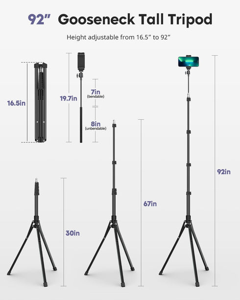 Aureday 92" 15" Phone Tripod, Cell Phone Stand with Gooseneck, Remote and Phone Holder, Overhead & Selfie Stick