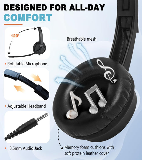 Wired Headset with Microphone for PC Laptop, 3.5mm Jack Headset with Clear Chat Mic (Black, 1 Pack)