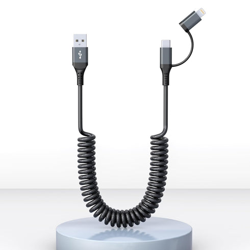 USB-C and Lightning Cable 2 in 1 Combo, MFi Certified, Short Coiled iPhone Car Charger Cord for Apple Carplay & Android