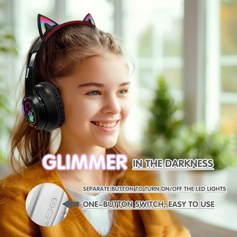 Cat Ear Wireless Headphones, Bluetooth 5.3, 60H Over Ear, 8H with LED Light, Foldable Music Gaming Headset with Aux Mic