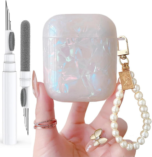 Olytop Cute Glitter Airpods 2/1 Gen Case with Cleaner Pen, Shell Pattern Cover with Luxury Pearl Keychain - Colorful