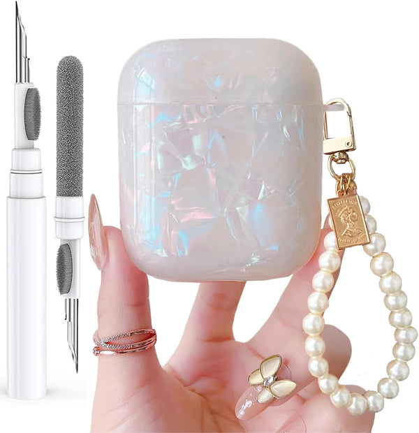 Olytop Cute Glitter Airpods 2/1 Gen Case with Cleaner Pen, Shell Pattern Cover with Luxury Pearl Keychain - Colorful
