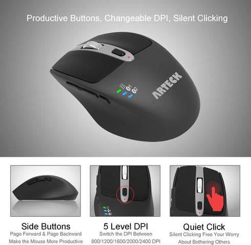 Arteck Wireless Bluetooth Mouse with Nano USB Receiver, Black, Ergonomic Design, 4-Month Battery Life