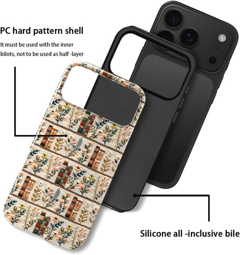 Generic 17 Compatible with iPhone Pro Max,Anti-Scratch Glossy Case Cover,Embroidery Book Flowers Bookshelf