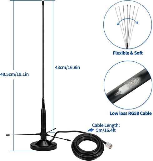 BINGFU 136-174MHz 400-470MHz PL259 Vehicle Mobile Ham Radio Antenna with Ground Planes Dual Band VHF UHF Magnetic Base