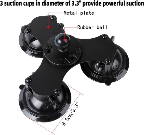Triple Suction Cup Car Base Mount with 25mm/1" Ball for Ball Phone Mount, Compatible with RAM Mounts