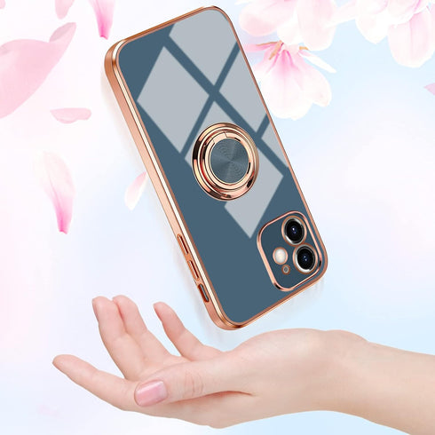 Omorro Ring Holder Case for iPhone 11, Built-in 360 TPU Rotation Kickstand, Glitter Plating Rose Gold Edge, Slim Luxury
