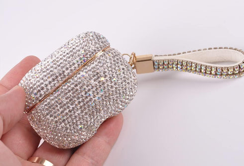 Sparkly Diamond Case for AirPods Pro 1&2 Generation, Premium Bling Rhinestone Cover Skin with Keychain (White AB Gold)