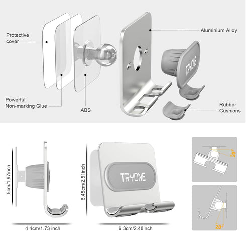 Wall Mount Cell Phone Holder - Mirror Adjustable Cellphone Stand with 2Pcs Adhesive Sticky Pads for Bathroom Bedroom Kitchen or Dorm, Compatible with iPhone Series or Other Smartphones