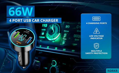 66W Car Charger, 4-Port Cigarette Lighter USB Charger, 2 * USB 2.4 + PD + Type C Adapter with Voltmeter, Compatible