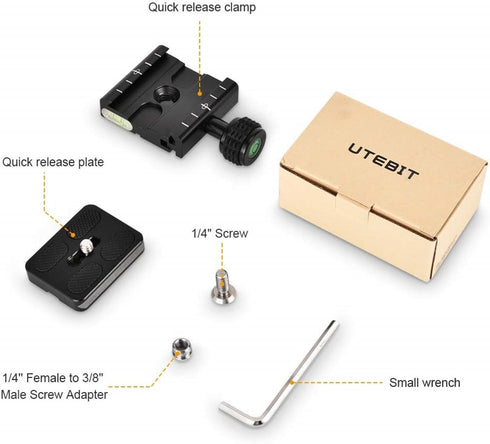 UTEBIT 50mm Arca Swiss Quick Release Plate, Aluminum QR Clamp Adapter with 3/8"&1/4" Screw Hole, Built-in Bubble Level