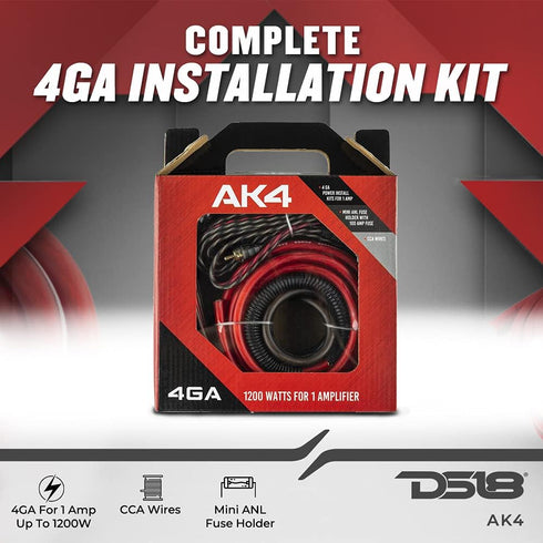 DS18 AK4 Complete 4 Gauge CCA Amplifier Installation Wiring Kit - Ampkit for Connections, Brings Power to Your Radio,