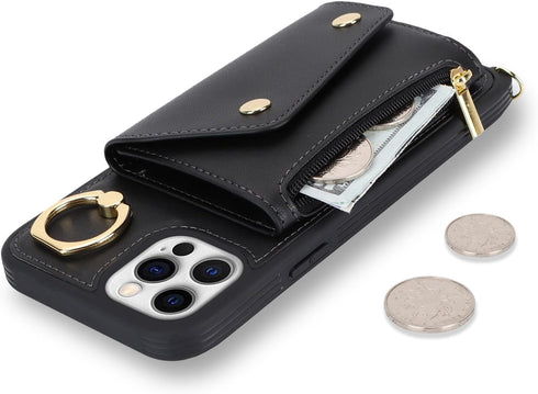 iPhone 12/12 Pro Case with Card Holder and Strap, Zipper Pocket, Crossbody Lanyard, Cute Wallet Case for Women (Black,