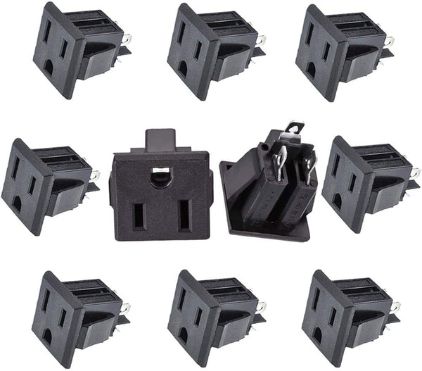 Panel Mount Outlet Power Socket, 10Pcs US Plug 3 Pins AC 15A 125V Female Connectors Adapter, Black
