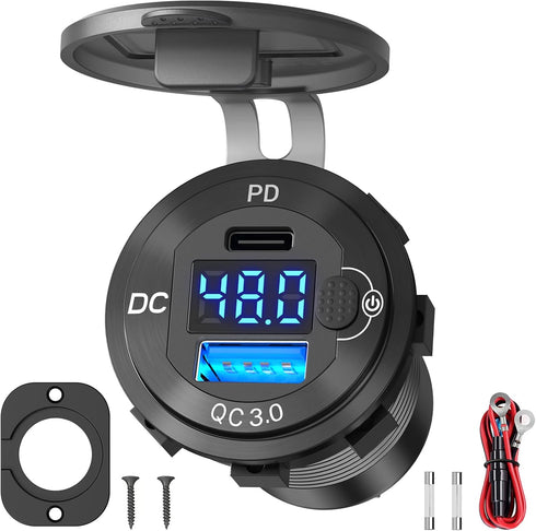 High Voltage USB Outlet 12V-60V Aluminum Car Charger Socket, PD 30W USB C and QC 36W Waterproof Cigarette Lighter