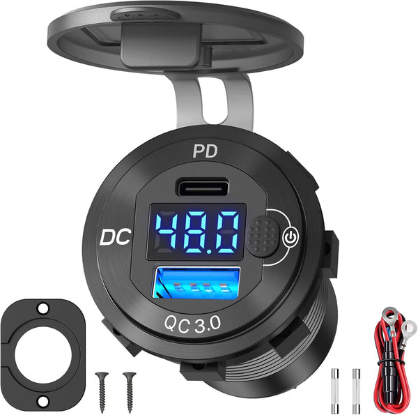 High Voltage USB Outlet 12V-60V Aluminum Car Charger Socket, PD 30W USB C and QC 36W Waterproof Cigarette Lighter