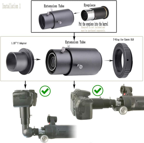 Variable Extension Telescope Camera Adapter for Canon SLR Cameras for Prime-Focus or Eyepiece-Projection Photography