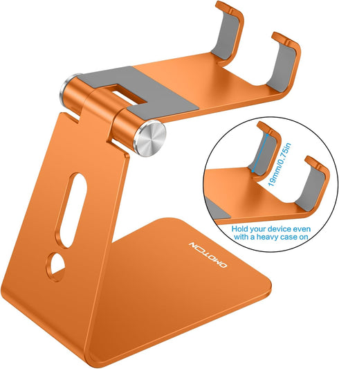 OMOTON Adjustable Cell Phone Stand, Aluminum Desktop Cellphone Stand with Anti-Slip Base and Convenient Charging Port