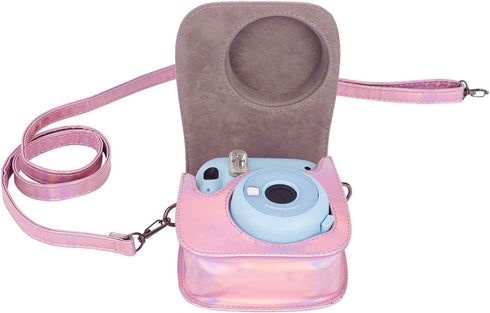 Phetium Instant Camera Case for Instax Mini 11/12, PU Leather Bag with Pocket and Adjustable Shoulder Strap (Magic Pink)
